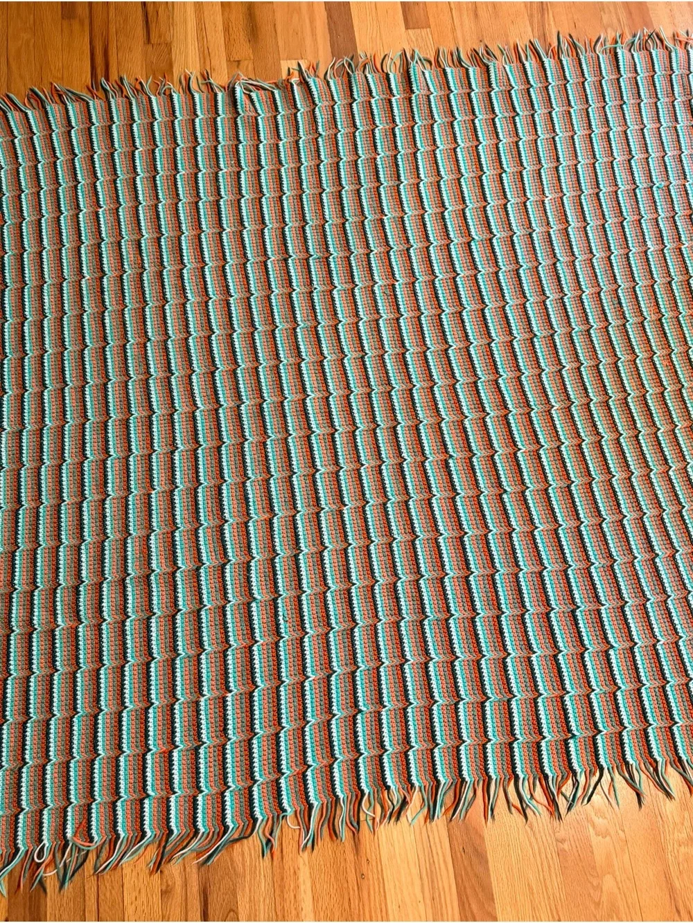 70s Vintage Handmade Crochet Flame Stitch Chevron Afghan Throw Blanket Fringe